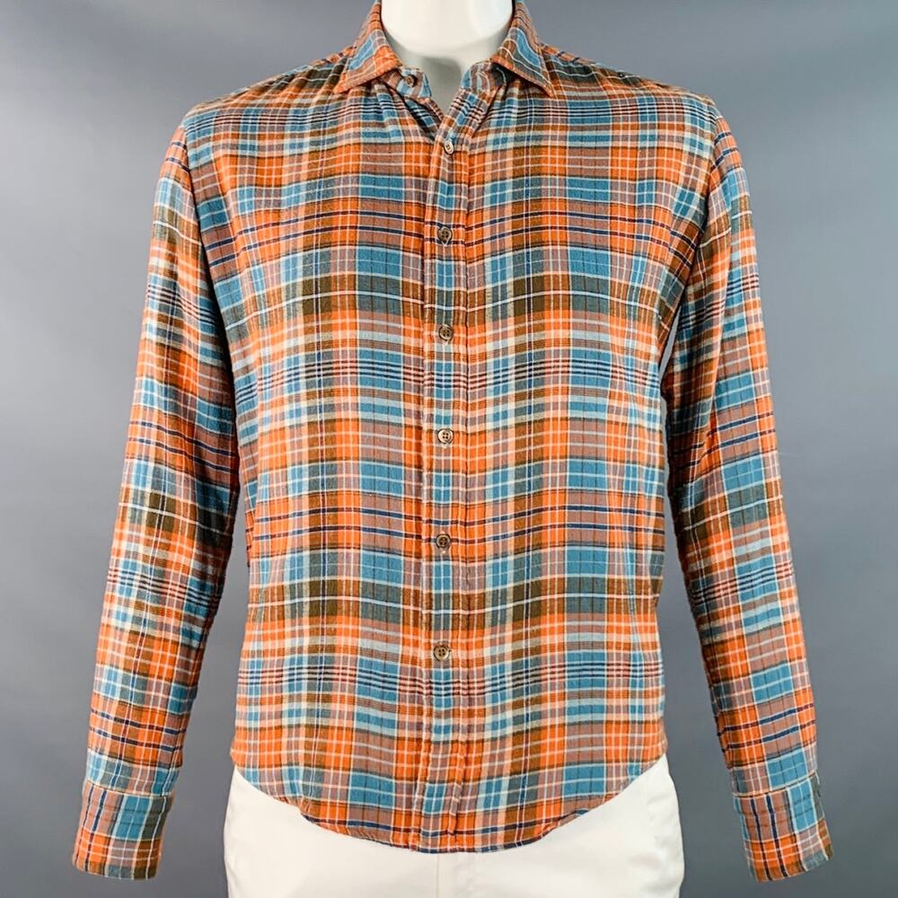 45rpm Size XL Blue Orange Plaid Cotton Curved Cutaway Flannel Long Sleeve Shirt